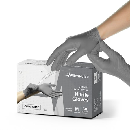 Fifthpulse Disposable Gloves, Nitrile, Powder-Free, M, 50 PK, Cool Gray FMN100560